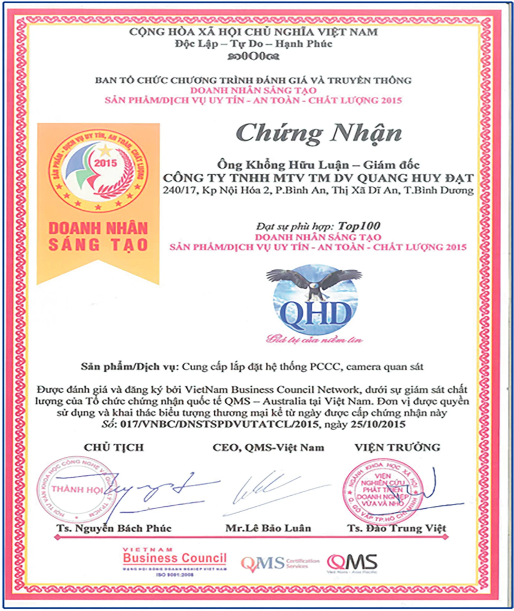 Chứng nhận doanh nhân sáng tạo 2015