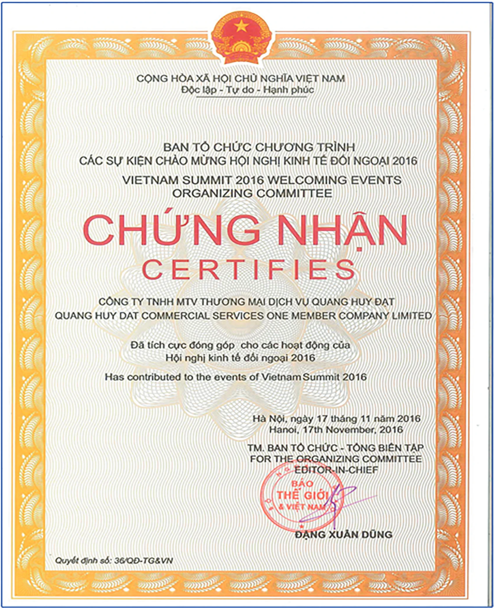 Chứng nhận đóng góp hội nghị linh tế đối ngoại 2016