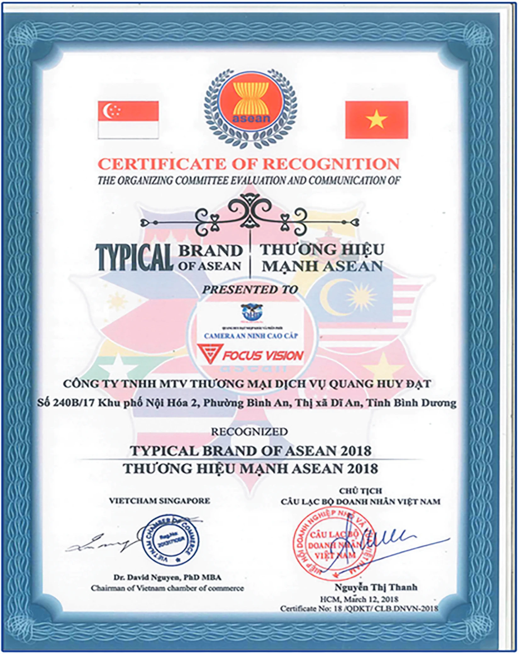 Chứng nhận thương hiệu mạnh Asean 2018